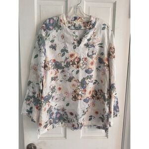 Saint Tropez West Linen Blouse Women's Sz L Floral Beachy Tropical Cruise‎